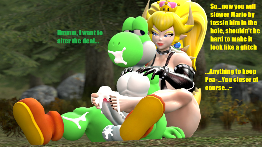 1boy 1girls 3d 3d_(artwork) animal_humanoid anthro astro_catmew balls barefoot big_penis bikini_strap bodily_fluids boots boots_only bowsette bracelet clothing collar crown cum cum_on_balls cum_on_face cum_on_leg cum_on_penis cumshot dialogue digital_media_(artwork) duo ejaculation erection feet female fist flirting foot_fetish foot_play footjob footwear footwear_only genital_fluids genitals gloves handwear hi_res horn horned_humanoid humanoid jewelry looking_at_another male male/female mario_(series) massage massaging mostly_nude new_super_mario_bros._u_deluxe nintendo outside outside_sex penis scalie scalie_humanoid sex smile spiked_bracelet spiked_collar spikes super_crown super_mario_bros. taller_female thick_thighs video_games widescreen yoshi yoshi_(character)