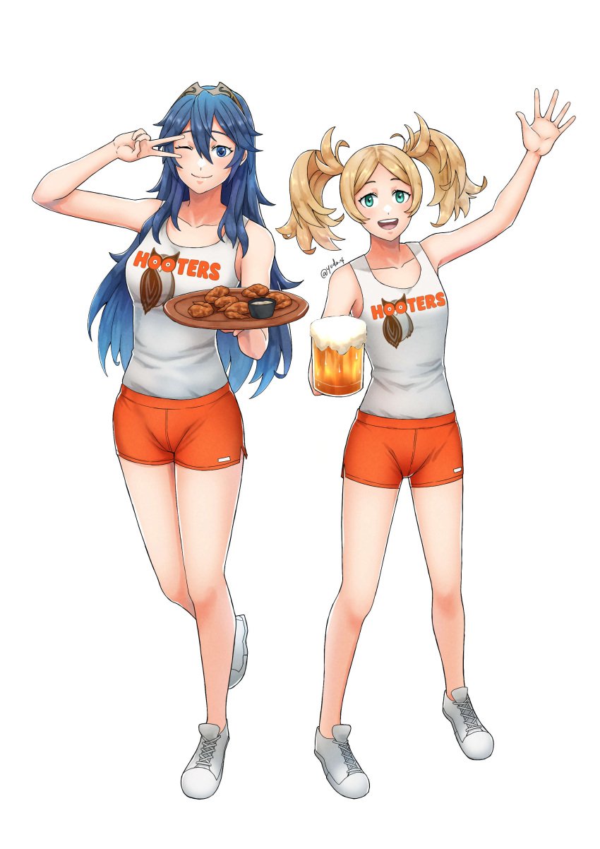 2girls ;) ;d absurdres alternate_costume aunt_and_niece bare_legs blonde_hair blue_eyes blue_hair breasts employee_uniform female female_only fire_emblem fire_emblem_awakening highres holding holding_tray hooters lissa_(fire_emblem) long_hair lucina_(fire_emblem) medium_hair multiple_girls nintendo no_legwear one_eye_closed orange_shorts short_shorts shorts small_breasts smile standing tank_top tray twintails uniform v_over_eye waitress waving white_footwear white_tank_top yuda_nf