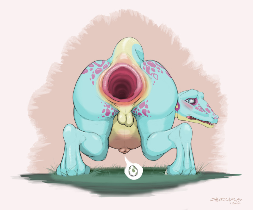 abstract_background absurd_res anthro anus ass balls belly belly_blush bent_over big_belly blue_body blue_eyes blue_scales blush body_blush butt_focus dinosaur dromaeosaurid egg gaping gaping_anus genitals glistening glistening_body grass hi_res looking_back male navel outie_navel perineum plant pregnant pregnant_male rear_view reptile sadosaurus scales scalie solo theropod velociraptor