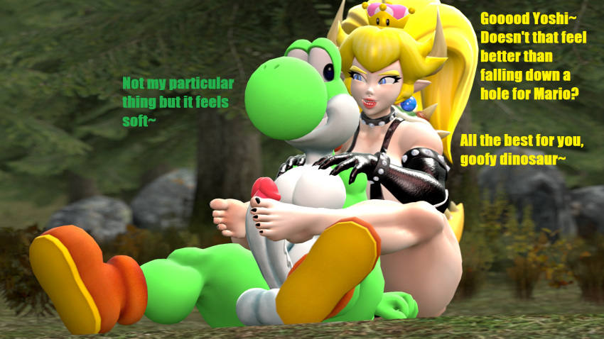 1boy 1girls 3d 3d_(artwork) animal_humanoid anthro astro_catmew balls barefoot big_penis bikini_strap boots boots_only bowsette bracelet clothing collar crown dialogue digital_media_(artwork) duo erection feet female fist flirting foot_fetish foot_play footjob footwear footwear_only genitals gloves handwear hi_res horn horned_humanoid humanoid jewelry koopa_humanoid looking_at_another male male/female mario_(series) massage massaging mostly_nude new_super_mario_bros._u_deluxe nintendo outside outside_sex penis scalie scalie_humanoid sex smile spiked_bracelet spiked_collar spikes super_crown super_mario_bros. tail taller_female thick_thighs video_games widescreen yoshi yoshi_(character)