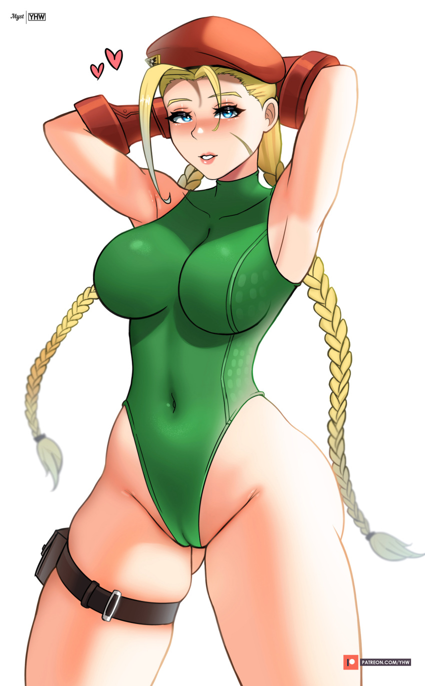 1girls army_hat artist_logo belly_button blonde_hair blue_eyes breasts cameltoe cammy_white capcom green_suit heart hearts leotard long_hair looking_at_viewer medium_breasts myst pale-skinned_female patreon_username red_hat simple_background soft_shading street_fighter tagme thick_thighs thighs tummy video_game_character white_background yhw