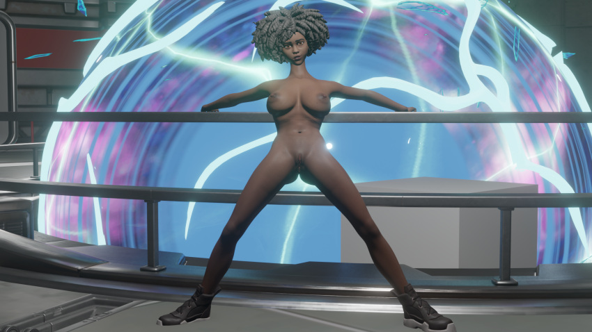 3d 3d_(artwork) dark-skinned_female dark_skin doctor_slone extended_leg fortnite gentlecat holding holding_railing inviting no_bra no_panties pussy railing shoes shoes_only vagina zero_point