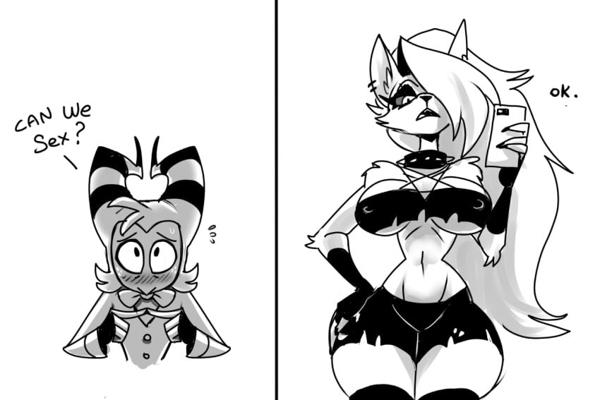 1boy 1girls big_breasts black_and_white breasts cellphone english_text female furry g-h- goth hellhound helluva_boss imp inviting inviting_to_sex jay_ash_(artist) loona_(helluva_boss) monochrome moxxie_(helluva_boss) no_color standing tagme text thick_thighs