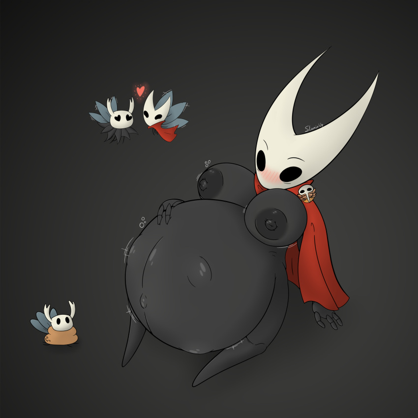 arthropod belly belly_bump belly_expansion big_belly big_breasts blush bodily_fluids breast_expansion breasts cape charm clothing expansion female fetal_movement glowing glowing_nipples hand_on_stomach heart hi_res hollow_knight hornet_(hollow_knight) huge_breasts hyper hyper_belly hyper_pregnancy implied_incest lactating motion_lines navel nipples offspring pregnant pregnant_female puffy_nipples short_stack shortstack solo stamin-up team_cherry unusual_bodily_fluids unusual_lactation video_games