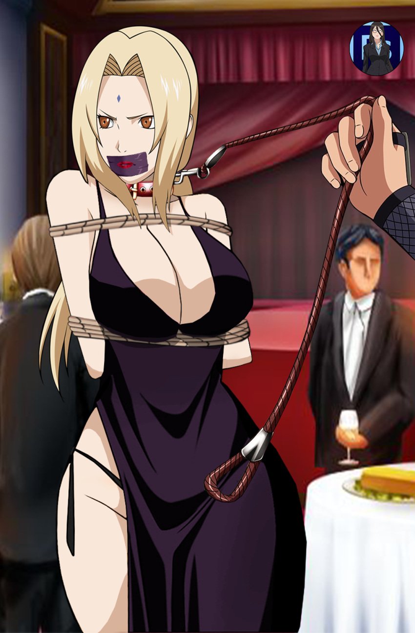 1girls arms_behind_back big_breasts bondage bossbb41 breasts cleavage collar dress edit female femsub fully_clothed gag gagged male milf naruto side-tie_panties straight_hair tsunade