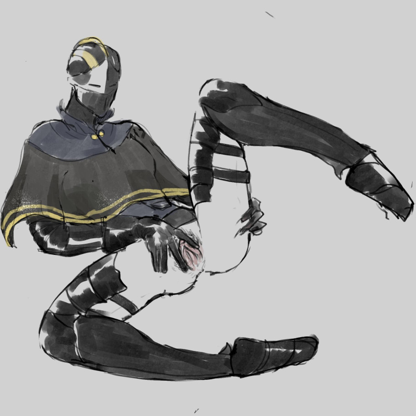 1boy 1cuntboy armor badbaras black_legwear bottomless capelet colored_sketch cuntboy cuntboy_only dark_souls dark_souls_3 fingering fingering_self fromsoftware full_body helmet intersex knight no_underwear pubic_hair pussy sir_vilhelm solo spread_legs spread_pussy spreading uncensored