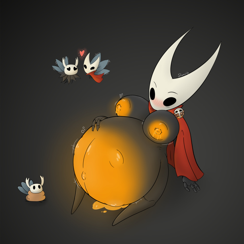 arthropod belly belly_bump belly_expansion big_belly big_breasts blush bodily_fluids breast_expansion breasts cape charm clothing expansion female fetal_movement glowing glowing_nipples hand_on_stomach heart hi_res hollow_knight hornet_(hollow_knight) huge_breasts hyper hyper_belly hyper_pregnancy implied_incest lactating lactating_honey motion_lines navel nipples offspring pregnant pregnant_female puffy_nipples short_stack shortstack solo stamin-up team_cherry unusual_bodily_fluids unusual_lactation video_games