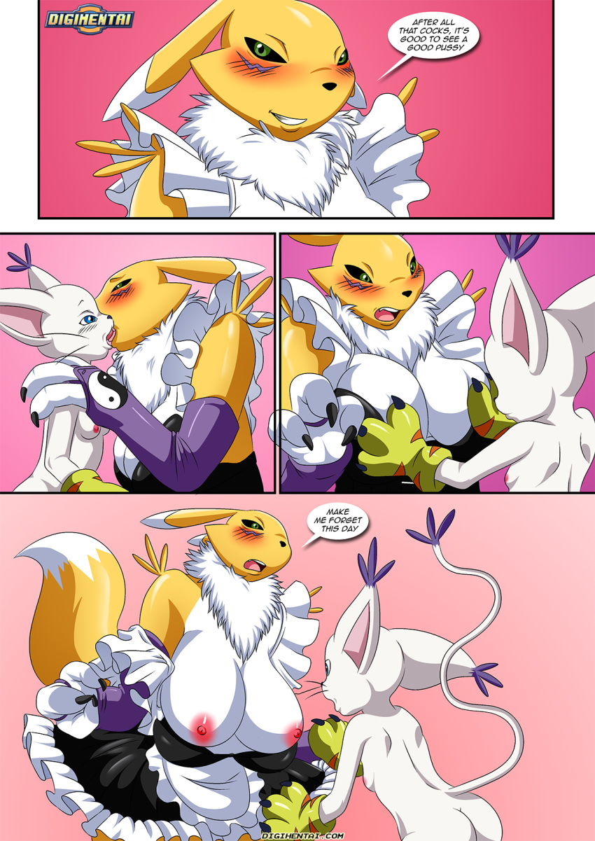 big_breasts comic digihentai digimon digimon_(species) digimon_adventure digimon_tamers dirty_gamers english_text female french_kiss french_kissing gatomon kissing maid palcomix renamon speech_bubble text yuri