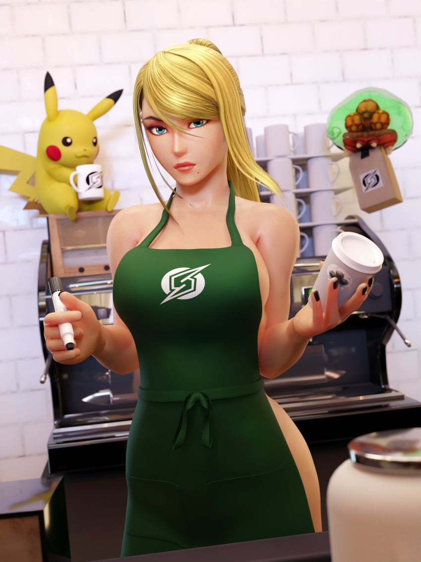 3d apron baby_(metroid) blender coffee crossover female_only finalizer14 iced_latte_with_breast_milk meme metroid metroid_(creature) nautilic pikachu pokémon_(species) pokemon pokemon_(species) samus_aran