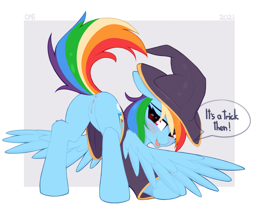 ass_up blue_body blush clothed clothing female feral friendship_is_magic genitals hasbro looking_at_viewer my_little_pony omiart pussy rainbow_dash_(mlp) solo wings