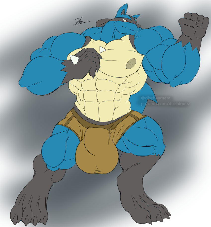 abs anthro biceps big_bulge bulge canid canine canis clothing digitigrade dischimera disneyishchimera fighting_pose generation_4_pokemon hi_res huge_bulge hyper hyper_bulge jackal lucario male mammal muscular muscular_arms muscular_male muscular_thighs navel nintendo nipples pecs pokemon pokemon_(species) pose solo triceps underwear video_games