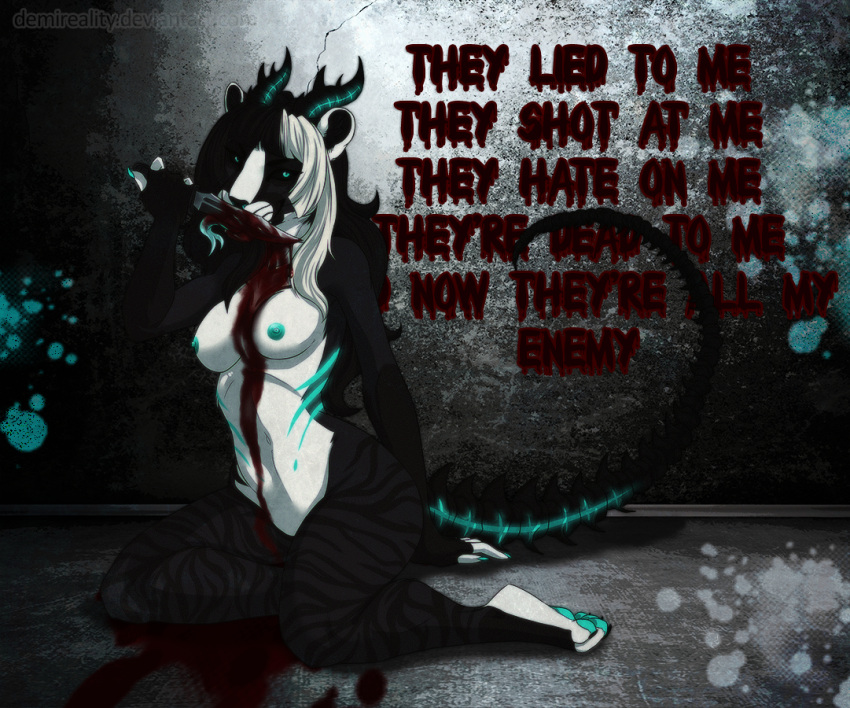 anthro areola biped black_body black_claws black_fur black_hair black_horn black_inner_ear black_nose black_sclera black_tail blood blood_from_mouth blood_in_mouth blood_on_stomach blue_areola blue_body blue_eyes blue_fur blue_horn blue_nipples blue_pawpads blue_stripes blue_tail blue_tongue bodily_fluids claws cyan_nails demireality english_text female fingernails forked_tongue front_view fur gore hair holding_knife holding_object horn kitsunebi kneeling knife licking_knife long_hair looking_at_viewer multicolored_hair nail_polish nipples pawpads solo striped_body striped_fur striped_legs stripes text tongue two_tone_hair wavy_hair white_body white_ears white_fur white_hair