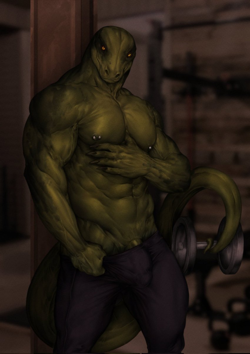 2022 5_fingers abs anthro barely_visible_genitalia barely_visible_penis biceps bottomwear claws clothing digital_drawing_(artwork) digital_media_(artwork) exercise fingers genitals green_body hi_res inside lizard looking_at_viewer male mikaemikae monitor_lizard muscular muscular_male nipple_piercing nipples pants pecs penis piercing pupils reptile scalie shirtless slit_pupils solo weightlifting workout