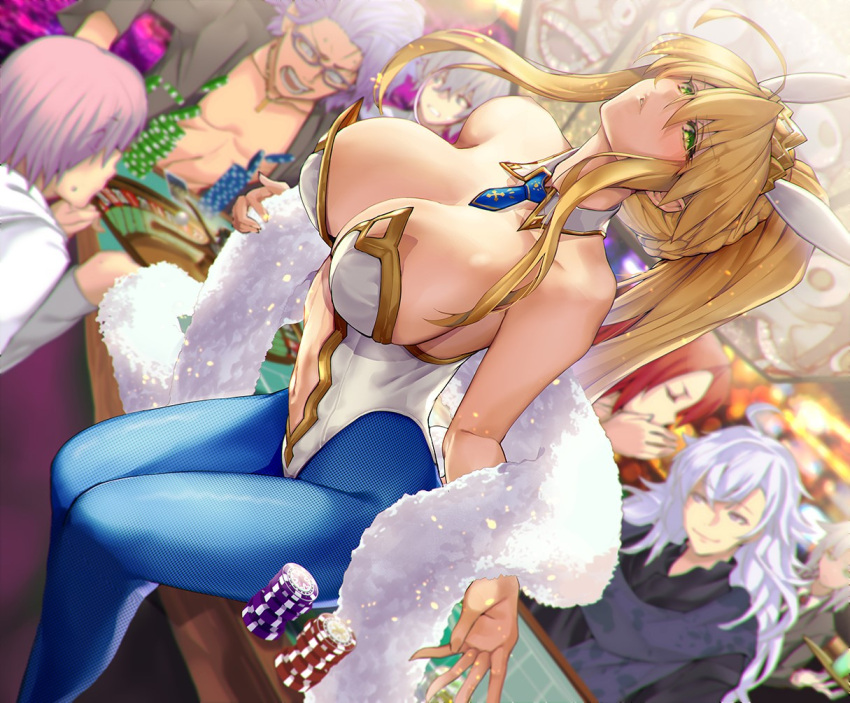 1girls 2022 ahoge artoria_pendragon artoria_pendragon_(lancer) artoria_pendragon_(swimsuit_ruler) blonde_hair blue_tights breasts bunny_ears bunny_girl bunnysuit casino fate/grand_order fate_(series) female female_focus green_eyes highleg_leotard hips huge_breasts indoors lancelot_(fate) leotard long_hair long_ponytail mash_kyrielight merlin_(fate) poker_chip poker_table ponytail satou_daiji slim_waist thick_thighs thighs tights tristan_(fate) white_leotard wide_hips