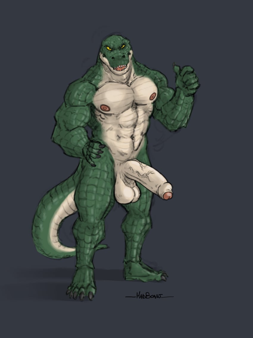 abs anthro balls big_balls big_penis crocodile crocodilian crocodylid foreskin genitals gesture green_body grey_background helm_(connivingrat) hi_res humanoid_genitalia humanoid_penis looking_at_viewer madboart male muscular muscular_male navel nude penis reptile scalie sharp_teeth simple_background solo teeth thumbs_up yellow_sclera