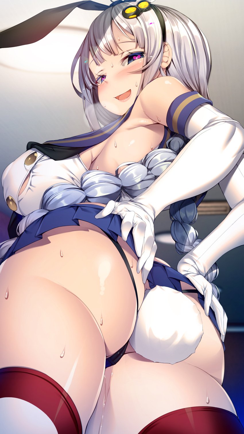 absurdres anal anal_insertion anal_tail animal_ears ass ass_cleavage ass_focus bangs black_panties blue_eyes blue_sailor_collar blue_skirt blush braid breasts butt_crack cosplay elbow_gloves female gloves gradient gradient_background grey_hair hair_ornament hands_on_own_ass heart heart-shaped_pupils highres kantai_collection kizuna_akari large_breasts licking_lips long_hair looking_at_viewer miniskirt open_mouth panties pleated_skirt rabbit_ears sailor_collar school_uniform serafuku shimakaze_(kantai_collection) shimakaze_(kantai_collection)_(cosplay) shirt simple_background skirt smile solo standing striped striped_legwear thong torisan twin_braids underwear vocaloid voiceroid white_gloves white_shirt