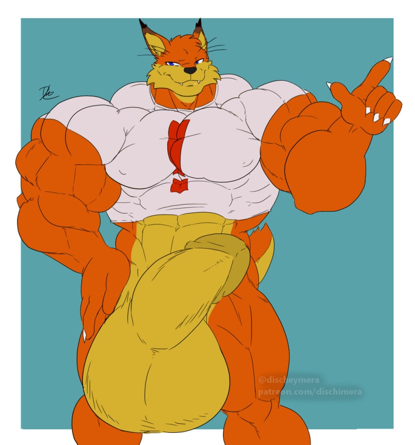 abs anthro balls biceps big_balls big_penis bobcat bubsy bubsy_(series) cocky_smile dischimera disneyishchimera felid feline genitals half_hard hi_res huge_balls huge_cock hyper hyper_balls hyper_genitalia hyper_penis looking_at_viewer lynx male mammal muscular muscular_arms muscular_male muscular_thighs navel nipples pecs penis solo thigh_clothing triceps video_games what