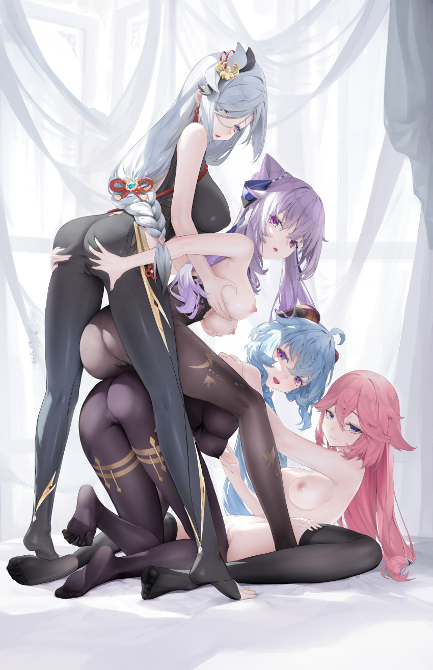 4girls absurdres ahoge alternate_costume animal_ears aqua_eyes ass ass_grab bangs bare_arms black_legwear blue_hair blush bodystocking bodysuit breast_grab breasts cameltoe curtains eyebrows_visible_through_hair feet fox_ears from_behind ganyu_(genshin_impact) genshin_impact gold_trim grabbing hair_cones hair_over_one_eye haku89 highres horns keqing_(genshin_impact) keqing_(opulent_splendor)_(genshin_impact) kneeling long_hair looking_at_viewer lying medium_breasts multiple_girls nipples no_shoes on_back open_mouth pantyhose parted_lips pink_hair purple_eyes pussy shenhe_(genshin_impact) shiny_pantyhose shirt sideboob sidelocks smile soles standing thigh_grab thighhighs thighlet thighs toes twintails underboob vision_(genshin_impact) white_shirt yae_miko