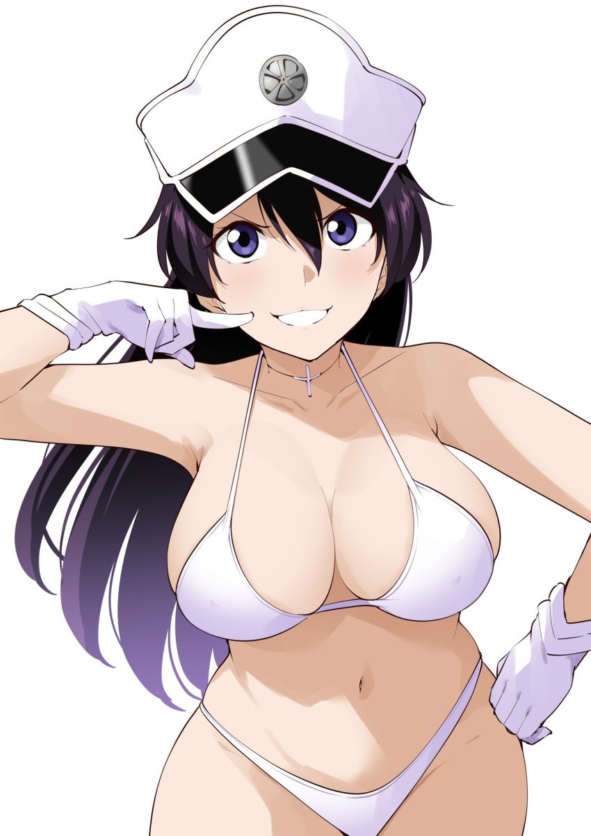 1girls bambietta_basterbine barkhorn0331 bikini black_hair bleach bleach:_the_thousand-year_blood_war blue_eyes breasts cleavage collarbone female gloves grin hat highres large_breasts long_hair looking_at_viewer midriff military_hat navel simple_background smile swimsuit white_background white_bikini white_gloves