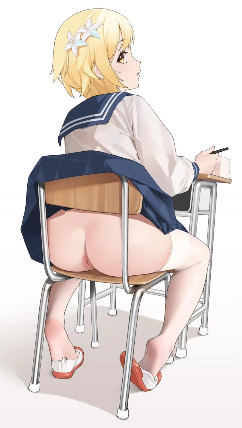 ? anus ass big_anus big_butthole blonde_hair blue_sailor_collar blue_skirt book book_stack chair chair_embarrassment clothes_lift desk feet female flower from_behind full_body genshin_impact hair_flower hair_ornament highres hyouuma long_sleeves looking_at_viewer looking_back lumine_(genshin_impact) no_panties on_chair paid_reward_available pen sailor_collar school_uniform serafuku shirt shoes sitting sitting_at_desk sitting_on_chair skirt skirt_caught_on_object skirt_lift sleeve_cuffs solo thighhighs uwabaki white_legwear yellow_eyes