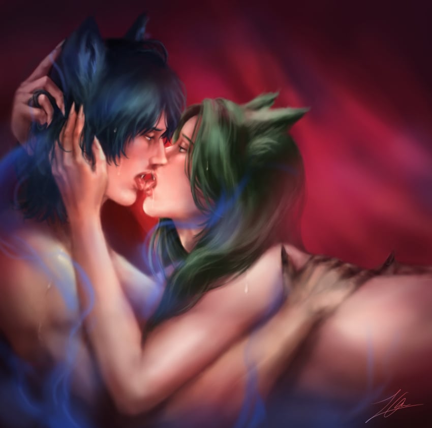 byleth_(fire_emblem) byleth_(fire_emblem)_(male) cat_boy cat_ears catboy fire_emblem fire_emblem:_three_houses gay kissing linhardt_von_hevring long_hair male no_visible_genitalia nude nude_male post-timeskip scooterfrog yaoi