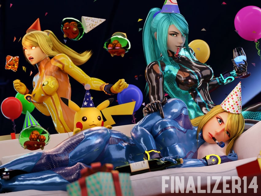 3d balloons blender bodysuit couch dark_samus female finalizer14 gift_box metroid metroid_(creature) nautilic parasite_x party_hat pikachu pokémon_(species) pokemon pokemon_(species) sa-x samus_aran shiny_clothes signature wine_bottle x_parasite zero_suit_dark_samus