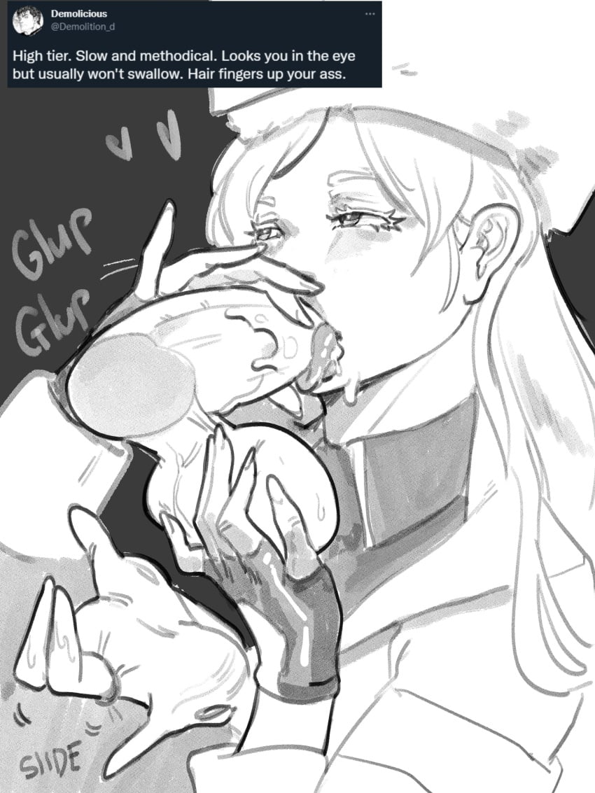 1boy absurdres anal_fingering big_balls big_penis blonde_female blowjob caressing_testicles disembodied_penis english_commentary english_text fellatio female fingering fingerless_gloves fur_hat gloves greyscale guilty_gear guilty_gear_strive hat highres invisible_man large_penis large_testicles long_hair looking_up millia_rage monochrome multi_arm multi_limb oral oral_with_prostate_stimulation penis prehensile_hair prostate_milking reference_inset saliva skullworms solo_focus straight testicles tongue tongue_out uncensored ushanka