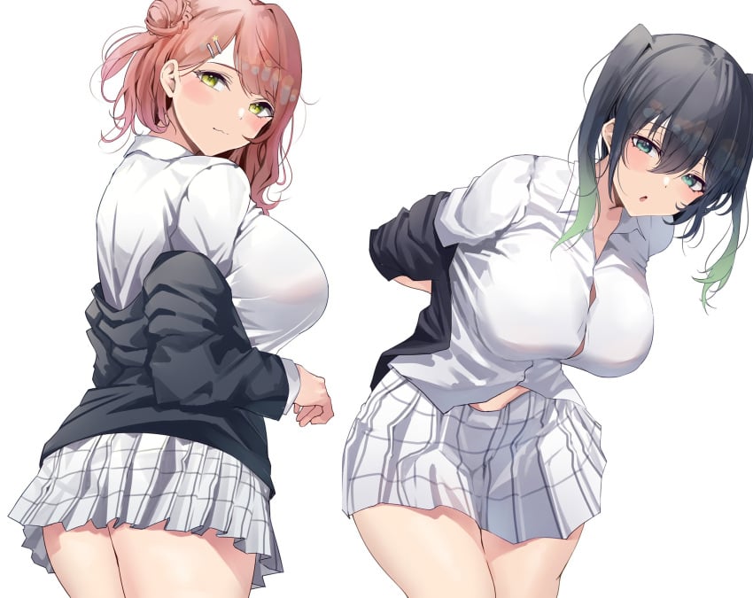 2girls :3 ass bent_over big_ass big_breasts big_hips black_hair blush breasts busty dat_ass female female_only green_eyes green_hair hair_bun hair_ornament hands_behind_back hips huge_breasts jacket looking_at_viewer love_live! love_live!_nijigasaki_high_school_idol_club nipple_bulge no_bra pigtails pink_hair school_uniform short_skirt skirt tagme takasaki_yuu thick_thighs thighs tight_clothing twintails uehara_ayumu white_background yamasonson yellow_eyes