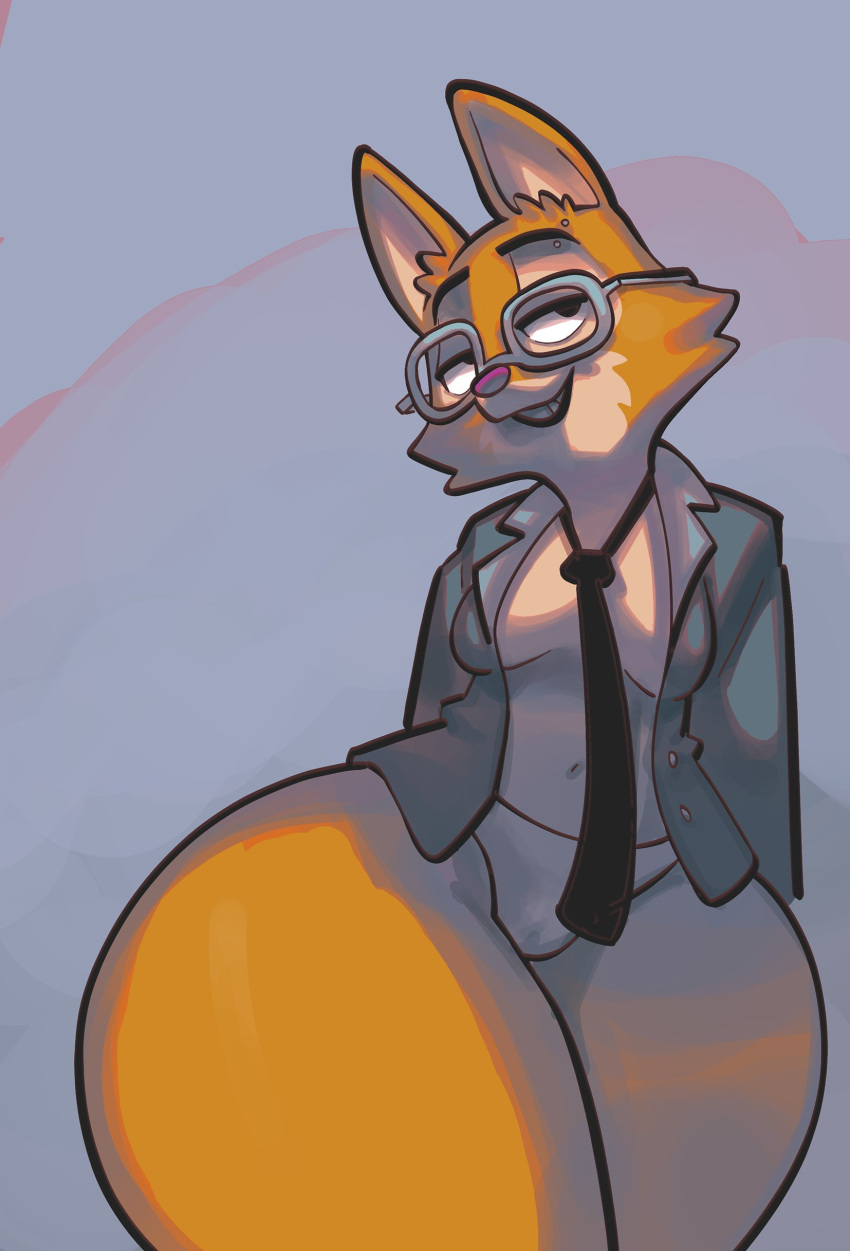 absurd_res anthro breasts canid canine clothed clothing diane_foxington dreamworks eyebrow_piercing eyewear facial_piercing female fox glasses half-closed_eyes hi_res mammal narrowed_eyes navel necktie nondelismell office_lady panties partially_clothed piercing solo the_bad_guys underwear wide_hips