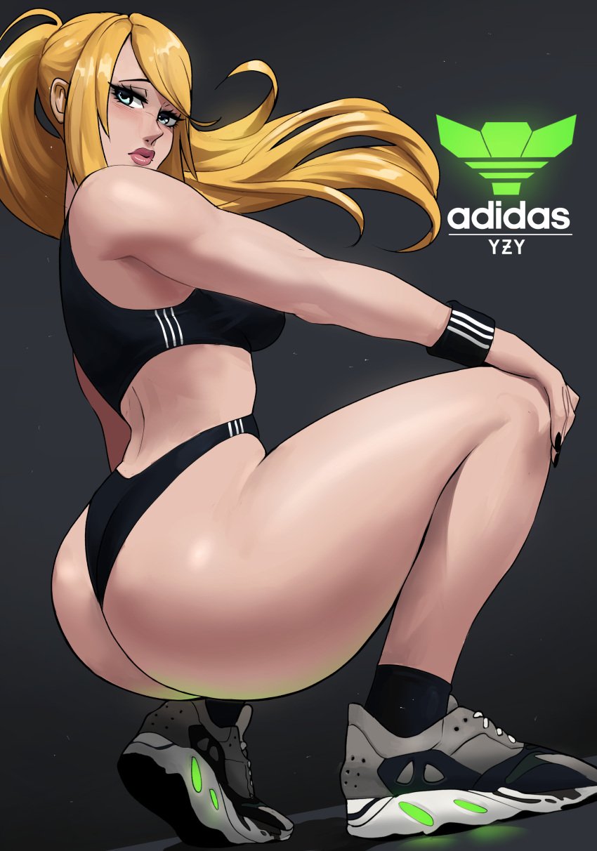 1girls 2022 absurd_res adidas ass ass_focus ass_shot back back_view bimbo blonde_hair blue_eyes brand_name breasts bubble_butt clothes clothing company_logo echosaber female female_only gym_clothes hi_res hips huge_ass large_breasts long_hair looking_at_viewer metroid modeling nintendo ponytail samus_aran sideboob slim_waist sneakers sports_bra sportswear squatting thick_lips thick_thighs thighs tomboy voluptuous wide_hips workout yeezy