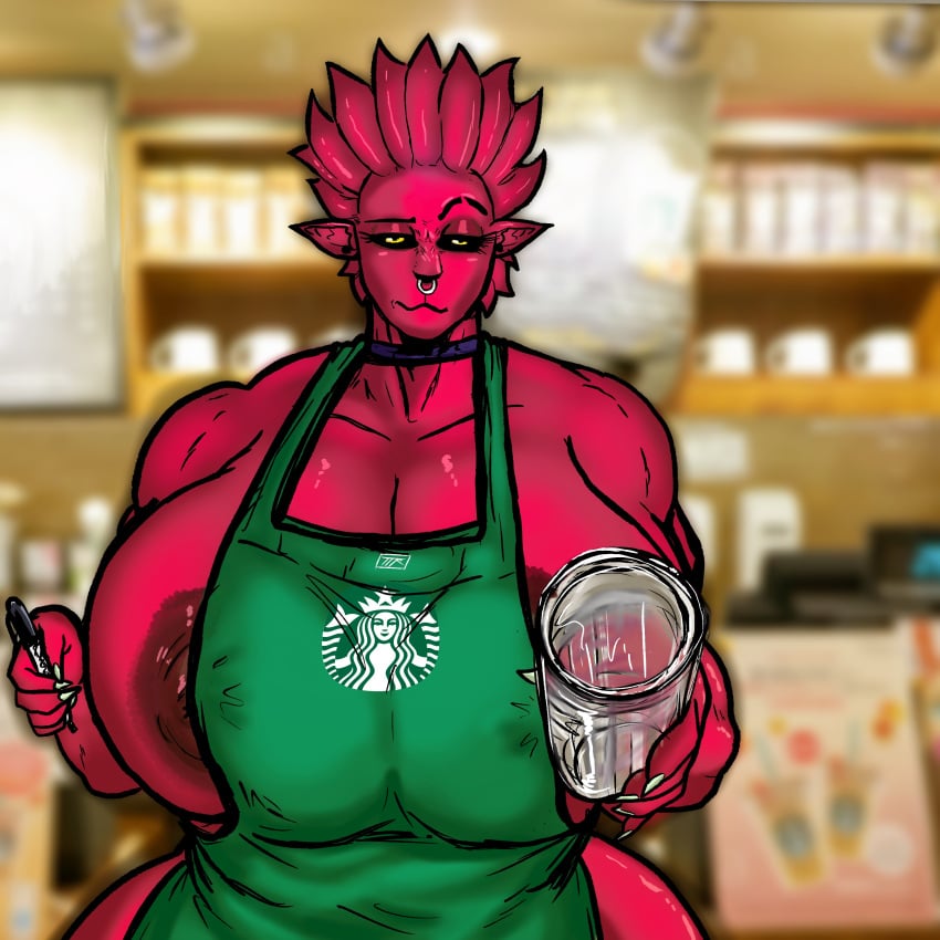 1girls annoyed_expression anthro apron areolae big_breasts cup curvaceous curvy digital_media_(artwork) female female_only green_apron hi_res high_res huge_breasts iced_latte_with_breast_milk kojoarts large_breasts mature mature_female meme milf naked_apron naughtypaw_(artist) nose_piercing nose_ring original_character painted_nails pen plump pointy_ears raised_eyebrow red_skin solo solo_female spiky_hair starbucks suspicious ttherandom tthrandom tthrandom_rp yellow_eyes