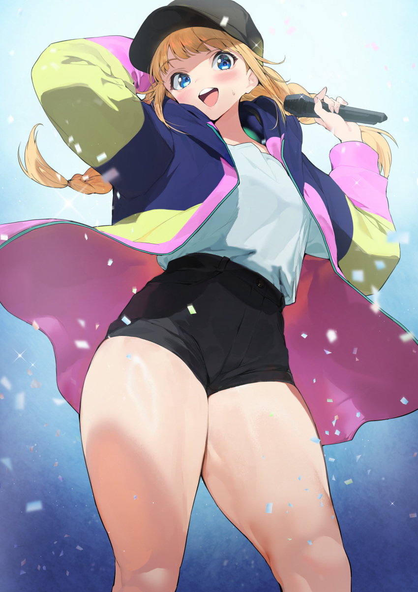 1girls blonde_hair blue_eyes cap female female_only hi_res highres iku_(ikuchan_kaoru) jacket looking_at_viewer microphone paripi_koumei shirt shorts solo solo_female thick thick_thighs thighs tsukimi_eiko white_shirt