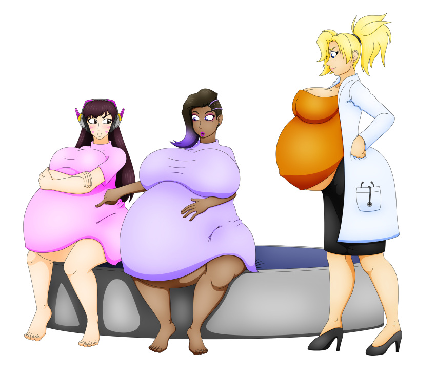 3girls angela_ziegler asian asian_female asymmetrical_hair belly big_belly big_breasts breasts brown_hair d.va dark-skinned_female dark_skin doctor dr._ziegler elek-tronikz hana_song huge_belly huge_breasts hyper_pregnancy latina massive_belly mercy olivia_colomar overwatch overwatch_2 pregnant sombra