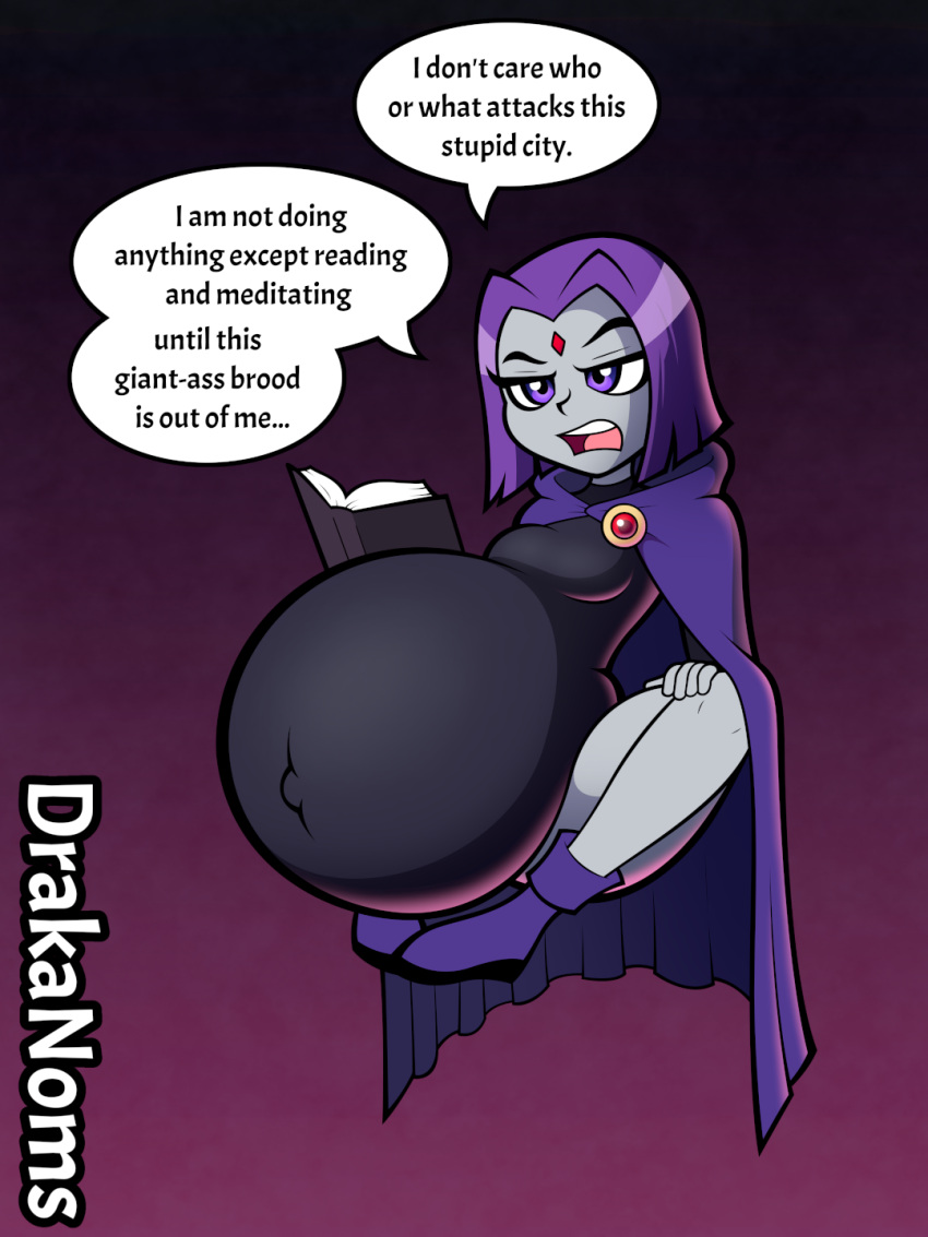 1girls belly big_belly big_breasts breasts casual dc_comics dialogue drakanoms english_text footwear forehead_jewel goth grey_skin human open_mouth outerwear pregnant purple_hair rachel_roth raven_(dc) ready_to_pop solo_female speech_bubble teen_titans text