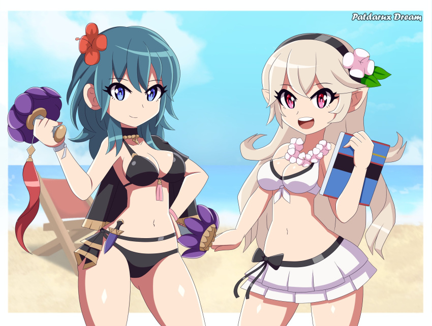 2girls alternate_costume bikini black_bikini black_swimsuit breasts byleth_(fire_emblem) byleth_(fire_emblem)_(female) byleth_(summer)_(fire_emblem)_(female) cleavage corrin_(fire_emblem) corrin_(fire_emblem)_(female) corrin_(summer)_(fire_emblem)_(female) female female_only fire_emblem fire_emblem:_three_houses fire_emblem_fates fire_emblem_heroes nintendo official_alternate_costume open_mouth patdarux white_bikini white_swimsuit