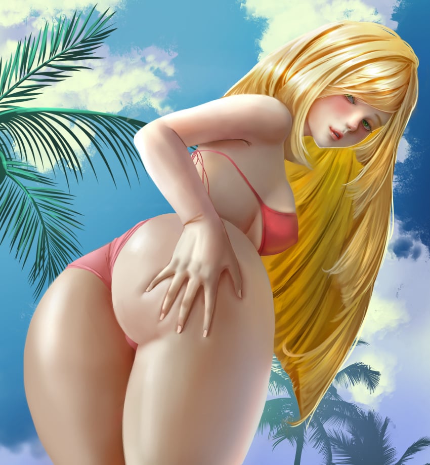 1girls alternate_version_available ass ass_focus beach big_ass big_breasts bikini bikini_bottom bikini_top blonde_hair blush bottomwear breasts clothing dat_ass female female_only game_freak green_eyes hand_on_ass jxh33 lips long_hair looking_at_viewer looking_back lusamine_(pokemon) mature mature_female mature_woman milf mother palm_tree pokemon pokemon_sm red_bikini red_bikini_bottom red_bikini_top solo solo_female thick_ass thick_thighs thighs topwear