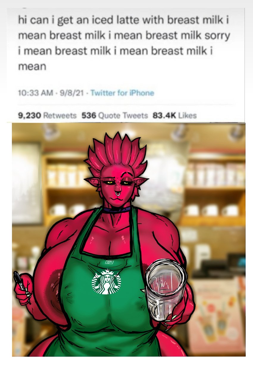 1girls annoyed_expression anthro apron areolae big_breasts cropped cup curvaceous curvy digital_media_(artwork) english_text female female_only first_person_view green_apron hi_res high_res huge_breasts iced_latte_with_breast_milk kojoarts large_breasts mature mature_female meme milf naked_apron naughtypaw_(artist) nose_piercing nose_ring original_character painted_nails pen perspective plump pointy_ears pov raised_eyebrow red_skin solo solo_female spiky_hair starbucks suspicious text ttherandom tthrandom tthrandom_rp twitter yellow_eyes