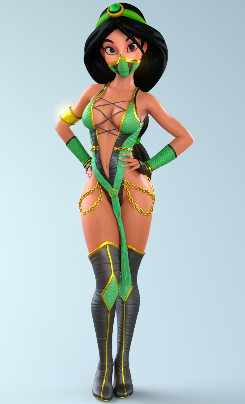 1girls 3d aladdin arabian black_hair brown_eyes crossover_cosplay disney disney_princess facemask fingerless_gloves hairband high_heels jade_(cosplay) jade_(mortal_kombat)_(cosplay) knee_boots large_breasts long_hair looking_at_viewer netherrealm_studios princess_jasmine revealing_clothes ruidx