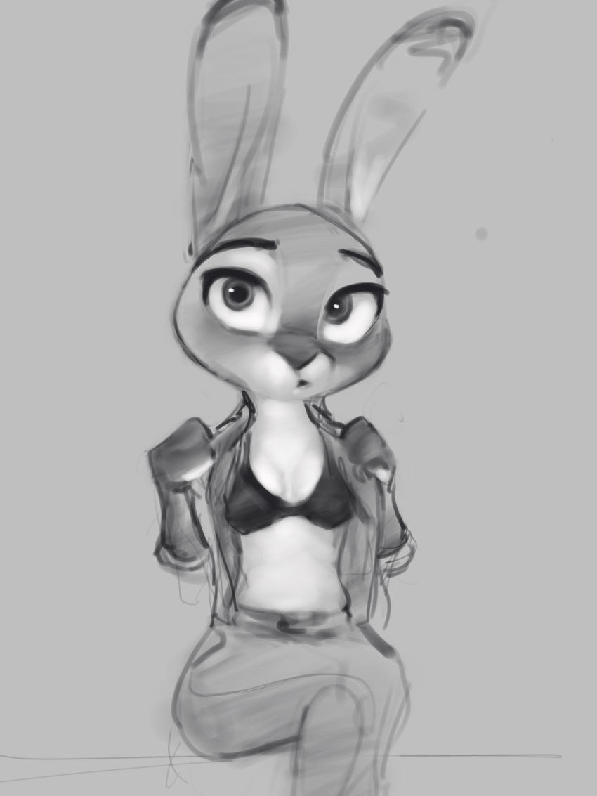 2022 anthro bra breasts clothed clothing disney ears_up female front_view greyscale hi_res judy_hopps lagomorph leporid mammal monochrome open_clothing open_shirt open_topwear partially_clothed portrait qupostuv35 rabbit rough_sketch shirt sitting sketch solo three-quarter_portrait topwear underwear undressing zootopia