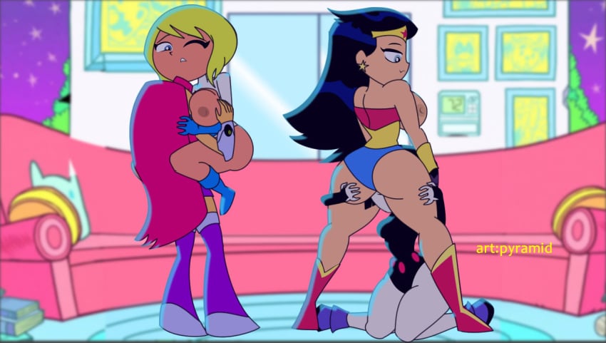 4girls big_breasts breast_grab breast_squeeze carrying dc dc_comics hands_on_ass legs legs_up long_hair power_girl pussy pussy_licking pyramid_(artist) rachel_roth raven_(dc) starfire straight_hair teen_titans teen_titans_go wonder_woman wonder_woman_(teen_titans_go) yuri