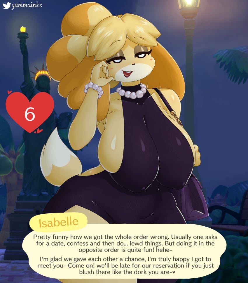 accessory animal_crossing anthro background bag big_breasts breasts canine canis cleavage clothed clothed_female clothing dating dialogue digital_media_(artwork) dress elegant english_text female fur furry furry_only gammainks heart hi_res huge_breasts isabelle_(animal_crossing) large_breasts makeup mob_face nintendo nipple_bulge purse shih_tzu smile tail text text_bubble thick_thighs thunder_thighs wholesome wide_hips