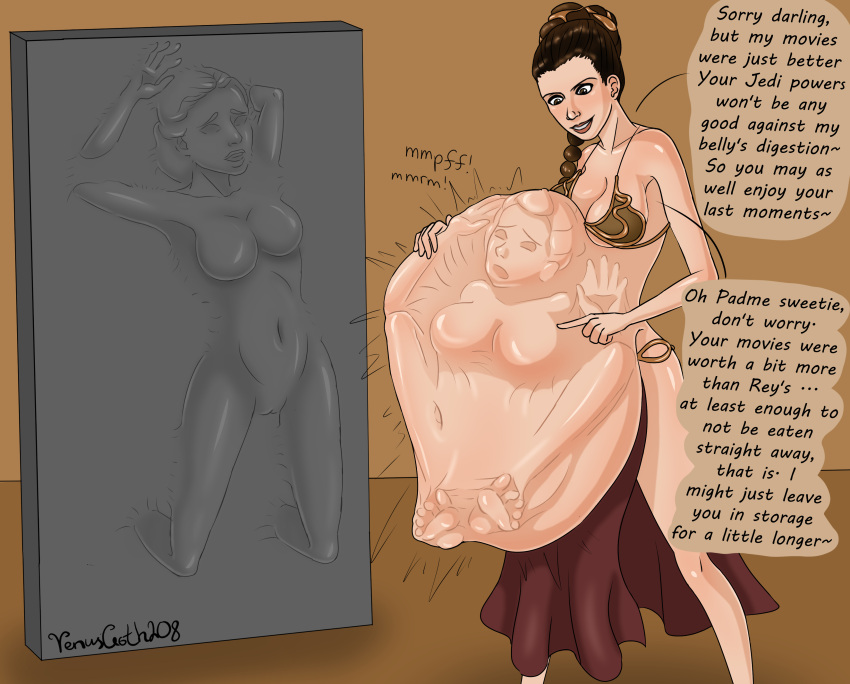 belly big_belly breasts brown_hair carbonite cleavage clothing daughter_pred dialogue female huge_belly large_breasts mother_prey padme_amidala princess_leia_organa rey same_size_vore slave_leia star_wars underboob venusgoth208 vore