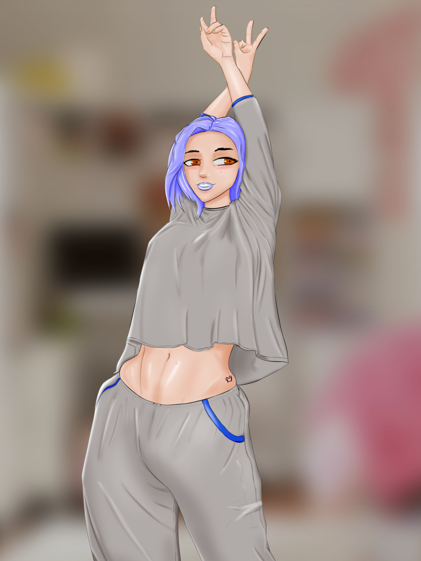 1futa abs blue_hair blue_lipstick bulge clothed clothing cute fully_clothed futa_only futanari hands_up light-skinned_futanari mageofurge orange_eyes original original_character self_upload simple_background solo solo_futa standing