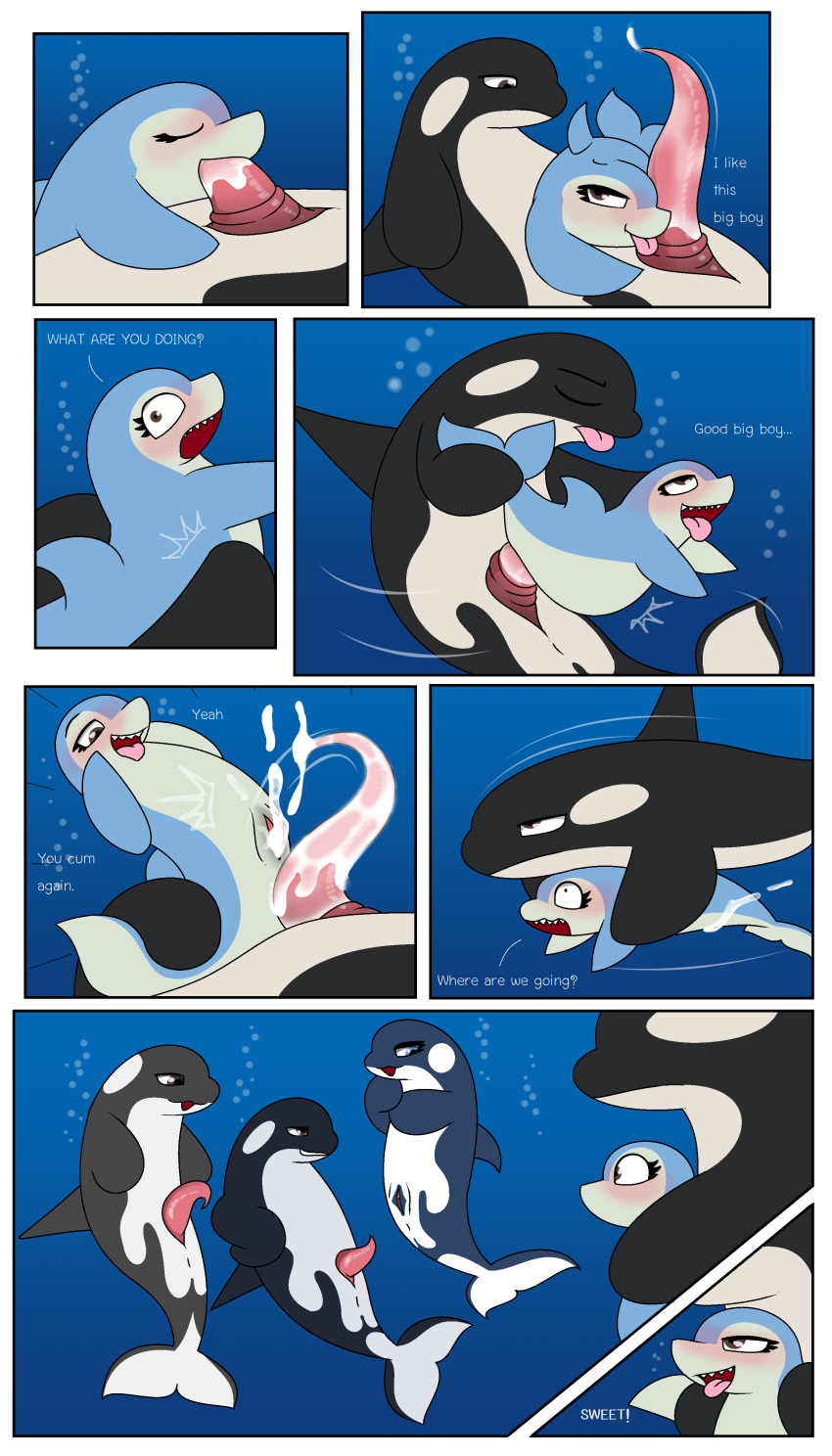 absurd_res blush bodily_fluids cetacean comic cum cum_in_mouth cum_in_pussy cum_inside cumshot delphinoid doggy_style duo ejaculation enjoy_(pencil_bolt) fellatio female feral from_behind_position genital_fluids genitals group hi_res jepito_(pencil_bolt) licking male male/female mammal marine multiple_orgasms nude oceanic_dolphin oral orca orgasm pencil_bolt penile penis penis_lick pussy sea sex swimming tongue tongue_out toothed_whale underwater water