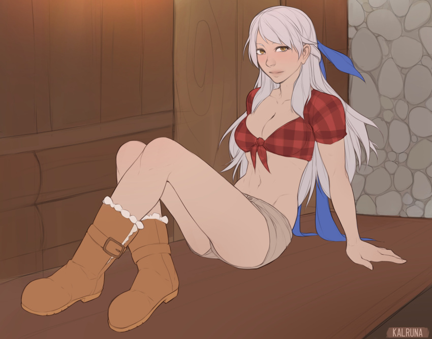 1girls bare_legs bare_midriff boots cleavage female female_only fire_emblem fire_emblem:_radiant_dawn kalruna micaiah_(fire_emblem) midriff nintendo plaid plaid_shirt shirt shorts silver_hair sitting tied_shirt twin_peaks_(restaurant) yellow_eyes