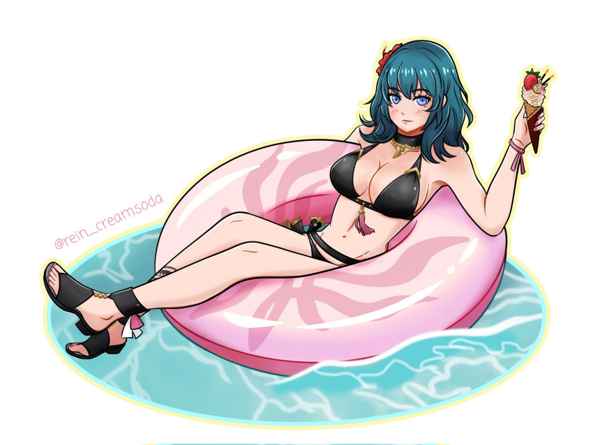 1girls alternate_costume bikini black_bikini black_footwear black_swimsuit breasts byleth_(fire_emblem) byleth_(fire_emblem)_(female) byleth_(summer)_(fire_emblem)_(female) cleavage female female_only fire_emblem fire_emblem:_three_houses fire_emblem_heroes looking_at_viewer nintendo official_alternate_costume rein_creamsoda sandals solo swimsuit