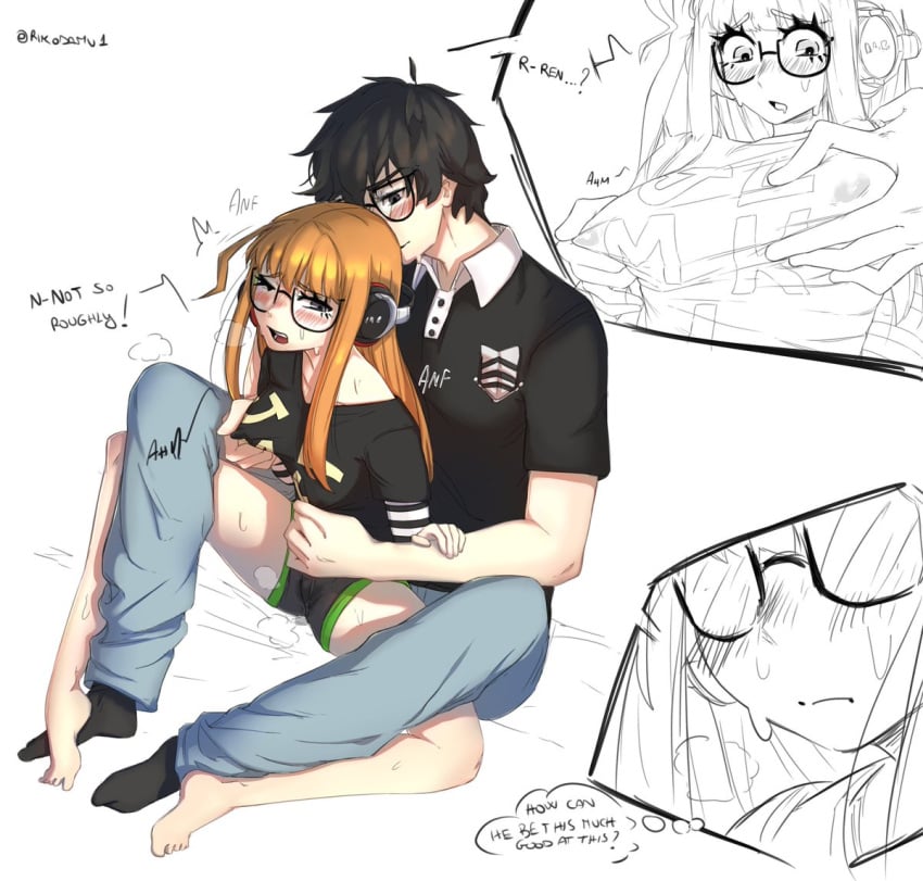 1boy 1girls akira_kurusu black_hair blush blushing booty_shorts cameltoe colored glasses grope groping groping_from_behind hand_on_arm heavy_blush height_difference joker_(persona) long_hair monochrome orange_hair panels persona persona_5 persona_5_royal persona_5_scramble:_the_phantom_strikers ren_amamiya rikodamu sakura_futaba short_hair speech surprise surprised sweat text twitching wet_shorts