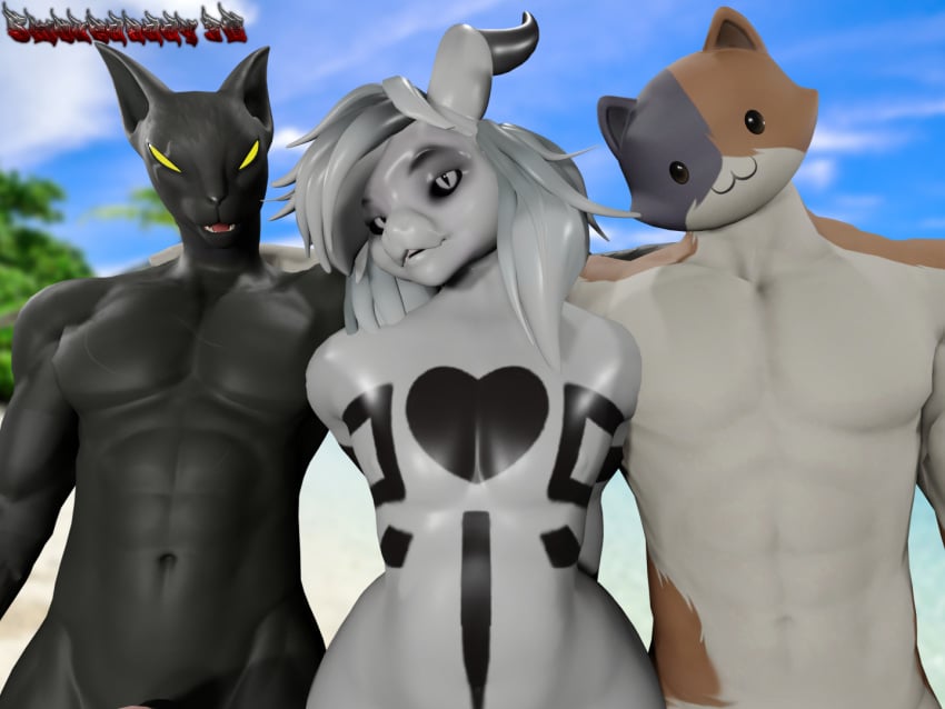 3boys 3d_(artwork) anthro asriel_dreemurr azuki_(fortnite) black_body blender_(software) bovid caprine digital_media_(artwork) domestic_cat epic_games felid feline felis femboy fortnite fur goat group horn humanoid long_ears looking_at_viewer male male/male male_only mammal meowscles meowscles_(fortnite) nude open_mouth scar simple_background smile smokedaddy trio undertale undertale_(series) video_games white_body white_fur wide_hips yellow_eyes