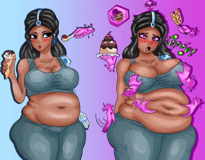 2d 2girls bbw belly belly_grab big_belly big_breasts black_hair blush breast_grab breasts chubby cleavage dark-skinned_female dark_skin disembodied_hand disembodied_hands fat female grabbing grabbing_belly grabbing_breasts huge_breasts indian olivia_colomar overwatch overwatch_2 overweight satya_vaswani sombra symmetra thick_thighs truemetrack weight_gain wide_hips