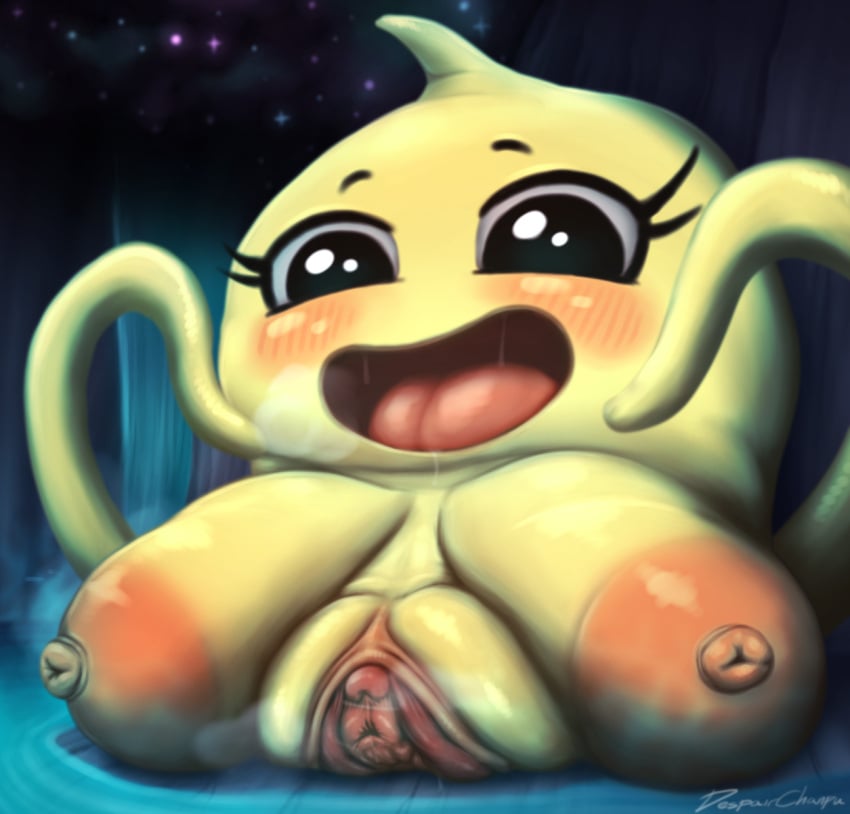 big_breasts blush bodily_fluids breasts despairchanpu detailed_pussy drooling female genitals hi_res huge_breasts marine monster onionsan open_mouth plump_labia pussy saliva solo tentacle undertale_(series) what